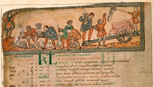 A man blows a horn, while four men cut hay with sickles and another holds a wheatsheaf. From an eleventh century manuscript. Source: History Today
